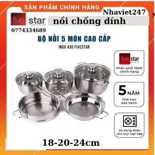 Bộ Nồi Inox Fivestar 5món Vung kính-Inox-3 Đáy-Dùng Đươc Cho Bếp Từ-Hàng Chính Hãng-Bảo Hành 5 Năm