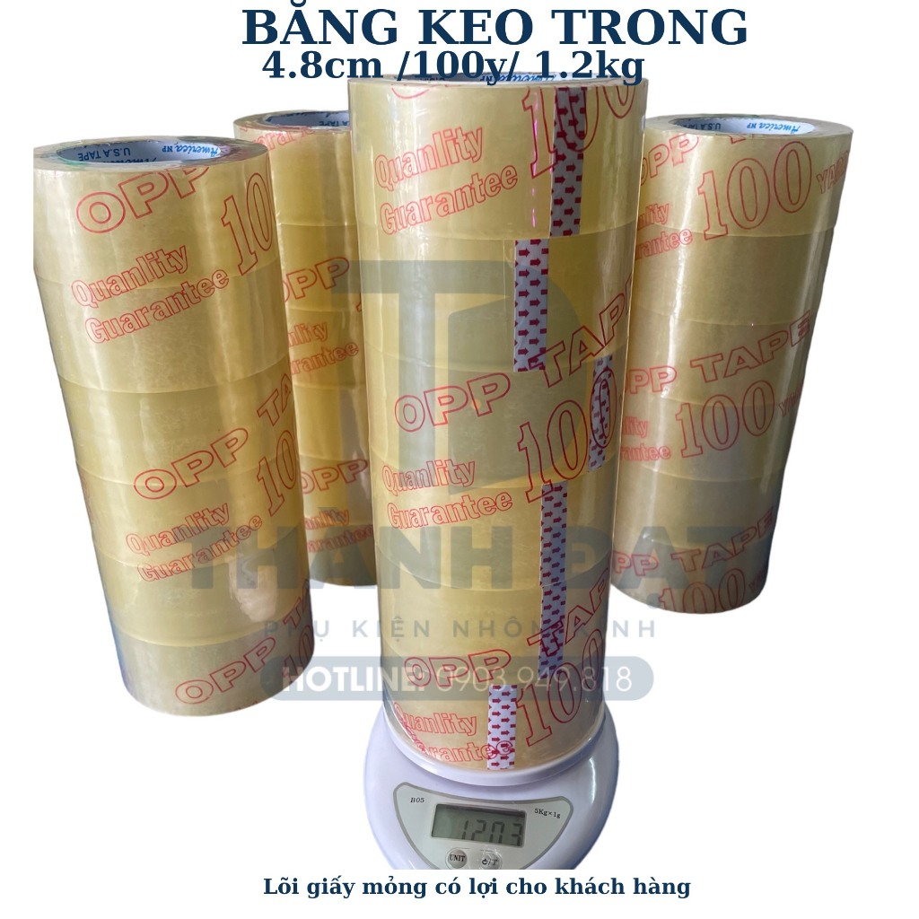 Băng keo trong 4.8cm lõi giấy mỏng cuộn 1.2kg