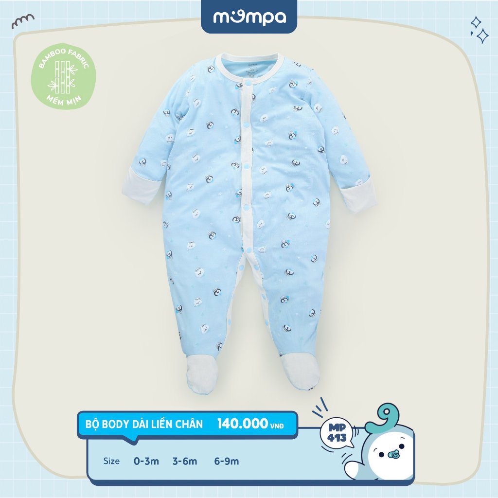 Bộ Bodysuit chùm chân liền thân Mompa 0-9 tháng vải sợi tre co giãn cúc giữa mềm mịn 311