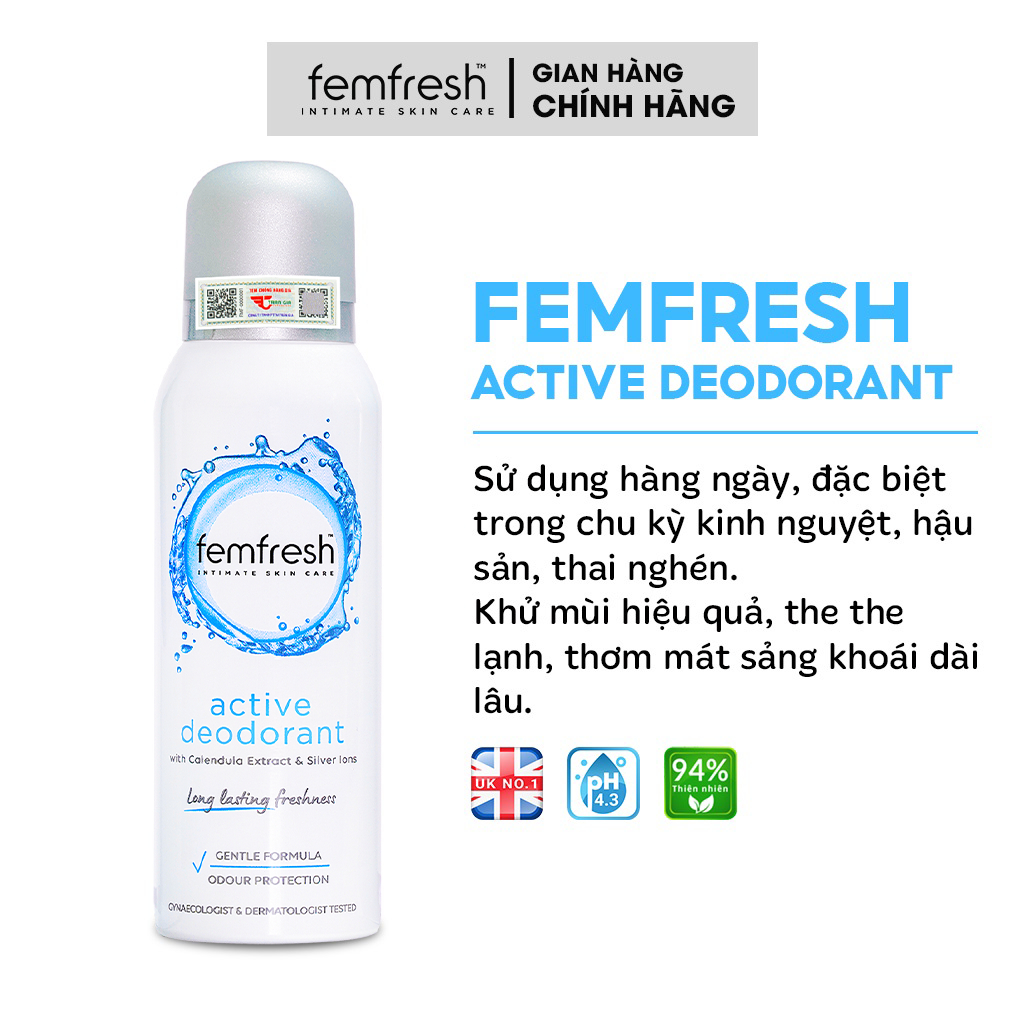 Xịt Thơm Mát, Khử Mùi Vùng Kín Chưa Ion Bạc Lưu Hương Suốt 12h Femfresh Deodorant Active 125ml