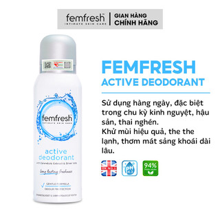 Xịt Thơm Mát, Khử Mùi Vùng Kín Chưa Ion Bạc Lưu Hương Suốt 12h Femfresh Deodorant Active 125ml
