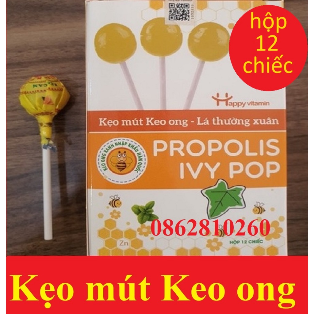 Kẹo mút keo ong lá thường xuân propolis ivy pop new happy vitamin hộp 12 chiếc [chính hãng]