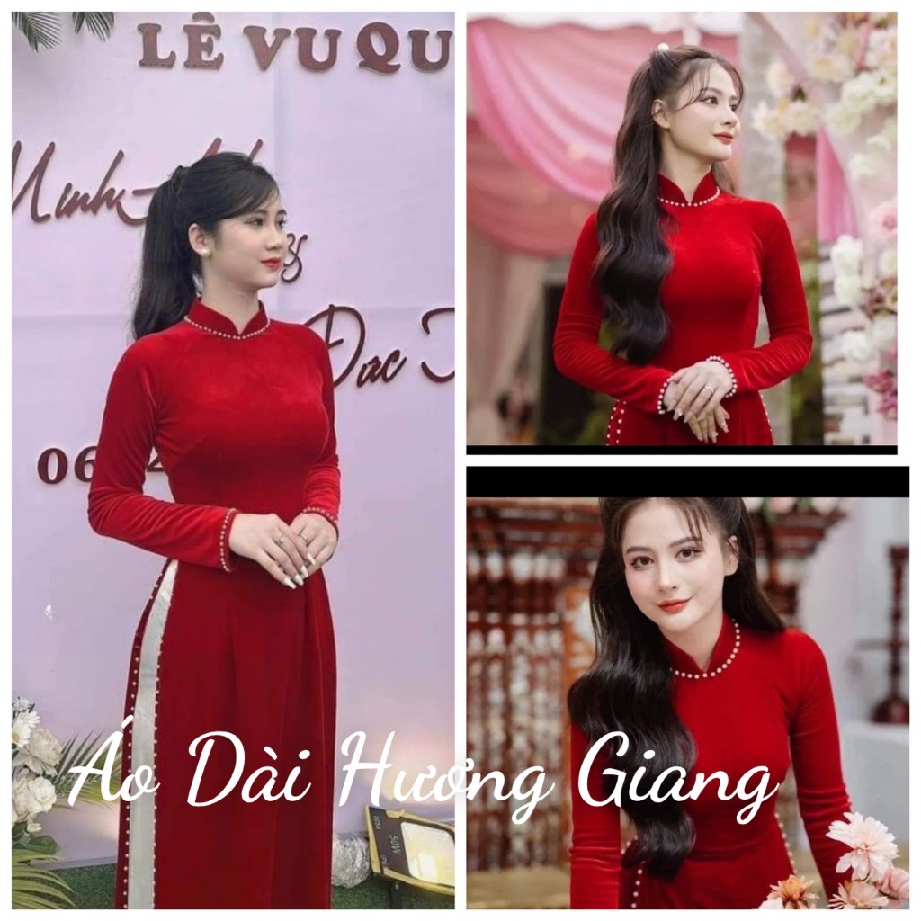 Áo dài nhung màu đỏ đính kết ngọc full tà, nhung co dãn tốt, mềm mịn, áo dài cô dâu - Áo Dài Hương Giang