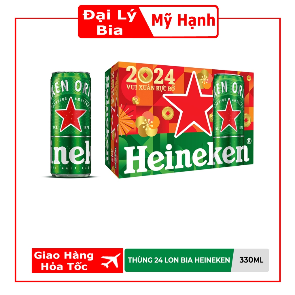 Thùng 24 Lon Cao Bia Heineken xanh - Mẫu Xuân 330ml/Lon Date Luôn Mới