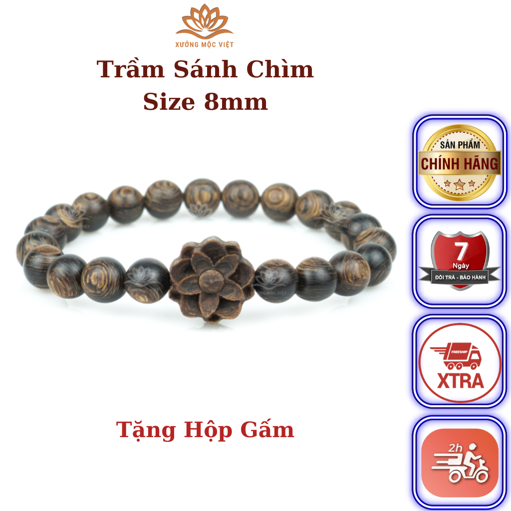 Vòng Tay Trầm Hương Hạt Tròn Mix Charm Hoa Sen - Trầm Sánh Chìm Cao Cấp Xưởng Mộc Việt