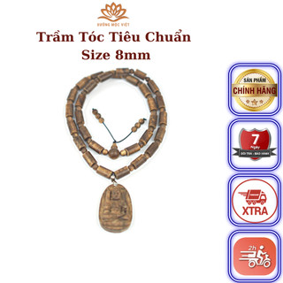 Chuỗi vòng trầm hương trụ trúc đeo cổ có tượng phật - trầm tóc vườn xưởng mộc việt size 8mm