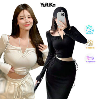 Áo thun kiểu tay dài cổ chữ V phối dây điệu đà cá tính dưới 52kg