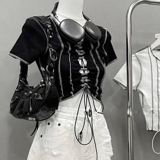 Áo Thun CropTop Tay Ngắn viền chỉ chạy nổi , đan xỏ  dây trước , áo thun chạy chỉ ngược nổi trên áo thời trang cho màu h
