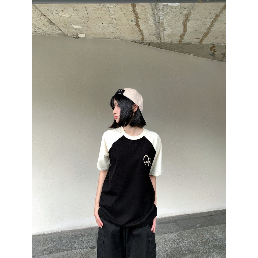 Áo thun tay raplan Thêu Tim cotton 230gsm thoáng mát Calem Club