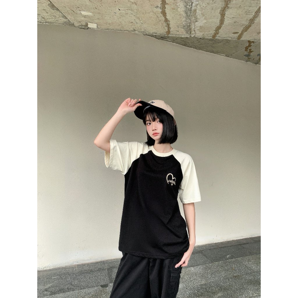 Áo thun tay raplan Thêu Tim cotton 230gsm thoáng mát Calem Club