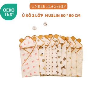 Khăn quấn ủ xô sơ sinh vuông 2 lớp đa năng Unbee mũ tai gấu KT 80 * 80cm