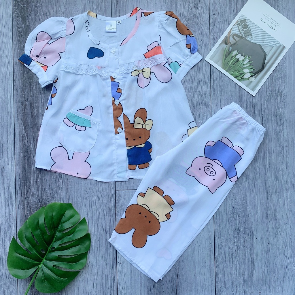 10KG-68KG Bộ quần và áo tay ngắn quần dài cài nút phối ren thiết kế với chất liệu tole 2 da mềm mát loại 1. MinMin Baby