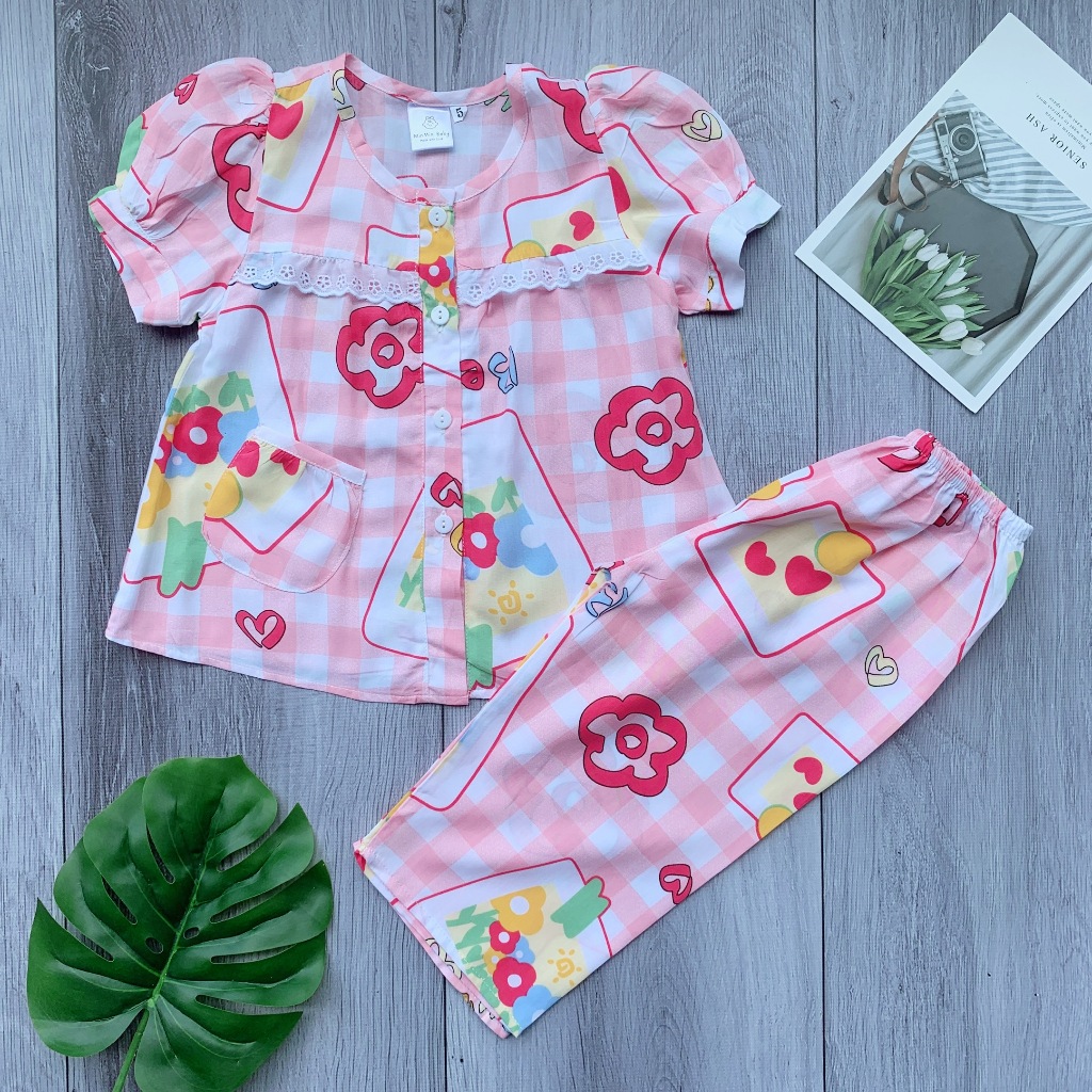 10KG-68KG Bộ quần và áo tay ngắn quần dài cài nút phối ren thiết kế với chất liệu tole 2 da mềm mát loại 1. MinMin Baby