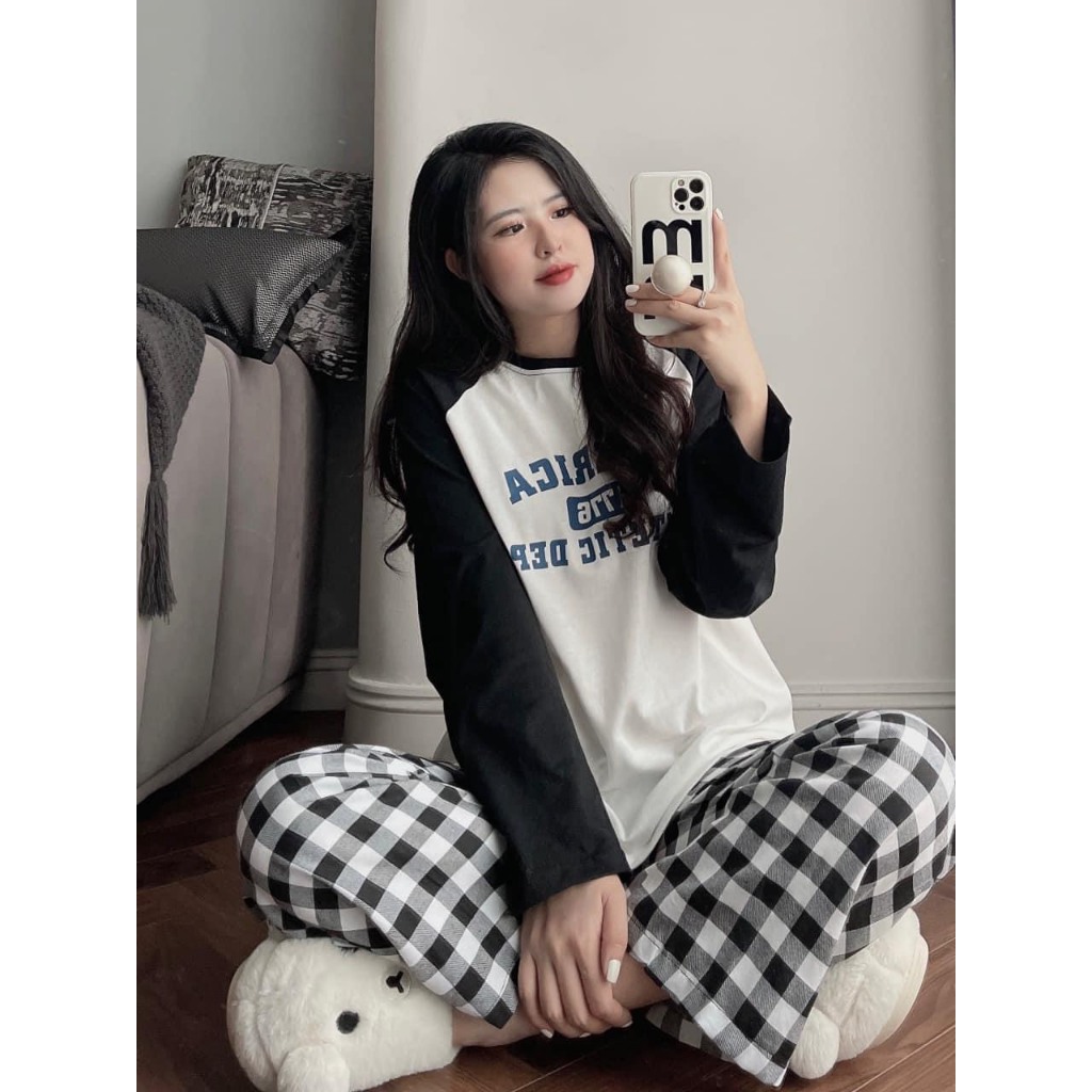 Set Bộ Đồ Nữ AMERICA Áo Thun Dài Tay Phối Màu Đen Trắng Mix Quần Suông Kẻ Caro Freesize