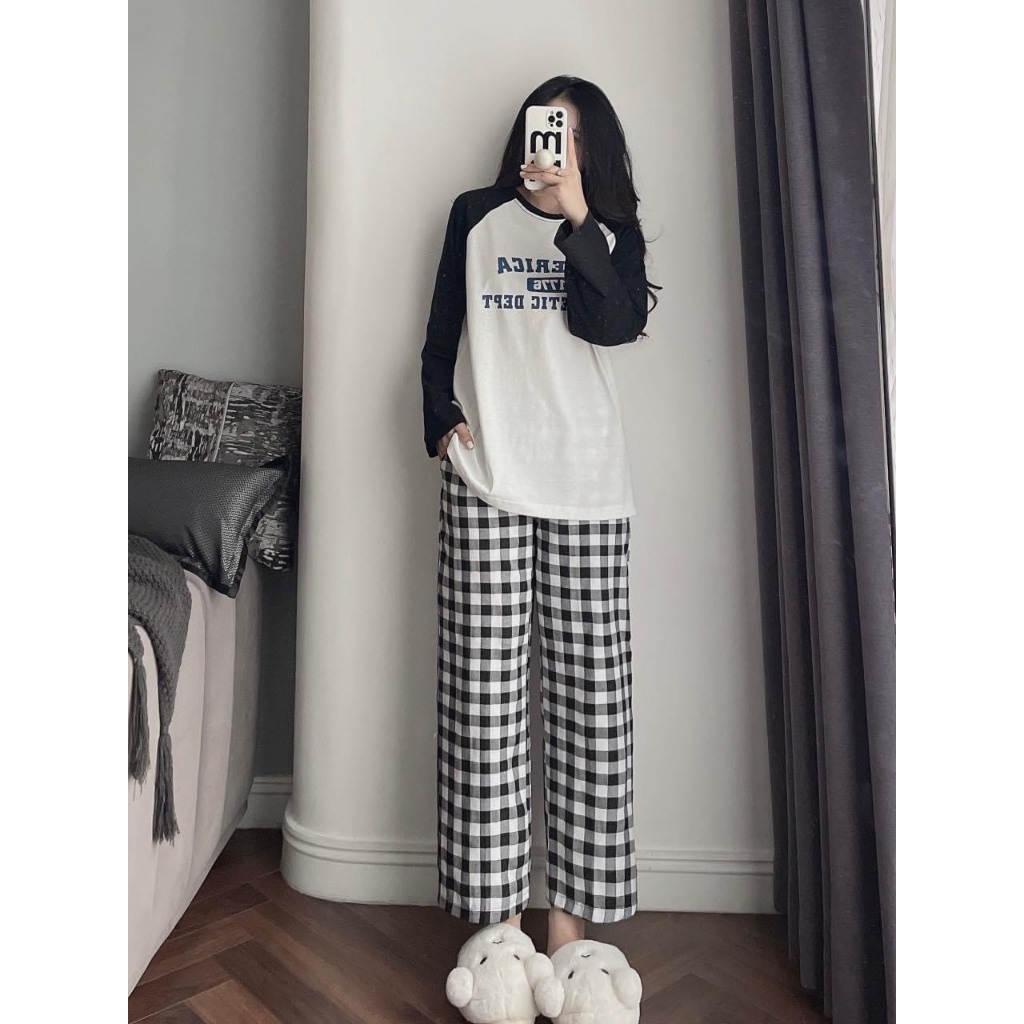 Set Bộ Đồ Nữ AMERICA Áo Thun Dài Tay Phối Màu Đen Trắng Mix Quần Suông Kẻ Caro Freesize