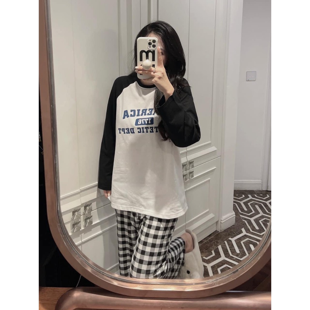 Set Bộ Đồ Nữ AMERICA Áo Thun Dài Tay Phối Màu Đen Trắng Mix Quần Suông Kẻ Caro Freesize