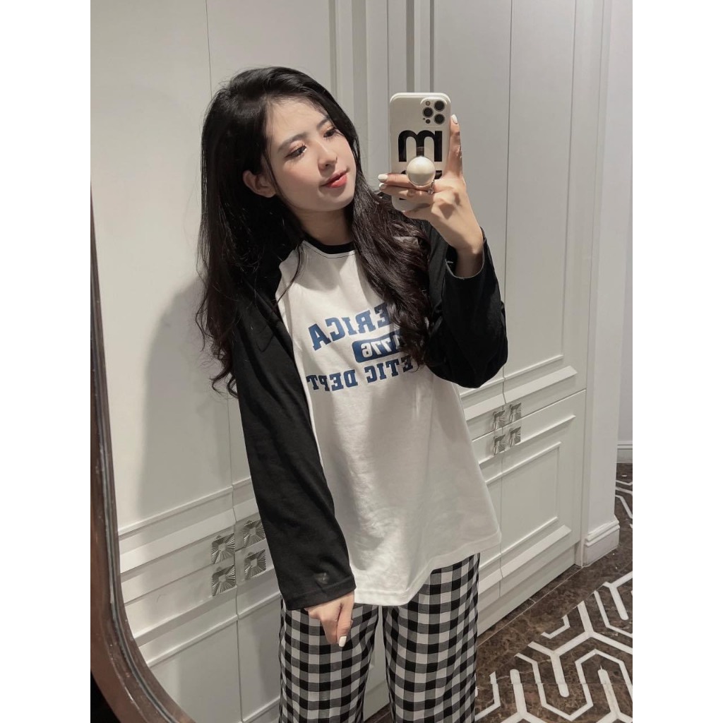 Set Bộ Đồ Nữ AMERICA Áo Thun Dài Tay Phối Màu Đen Trắng Mix Quần Suông Kẻ Caro Freesize