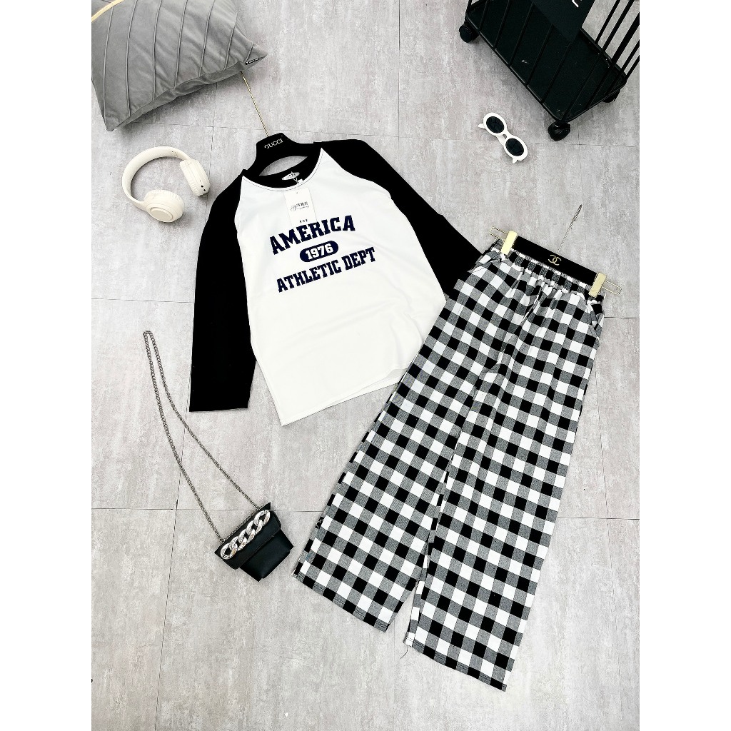 Set Bộ Đồ Nữ AMERICA Áo Thun Dài Tay Phối Màu Đen Trắng Mix Quần Suông Kẻ Caro Freesize