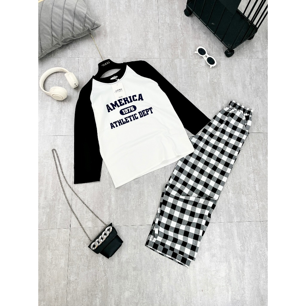 Set Bộ Đồ Nữ AMERICA Áo Thun Dài Tay Phối Màu Đen Trắng Mix Quần Suông Kẻ Caro Freesize