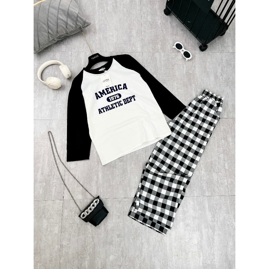 Set Bộ Đồ Nữ AMERICA Áo Thun Dài Tay Phối Màu Đen Trắng Mix Quần Suông Kẻ Caro Freesize