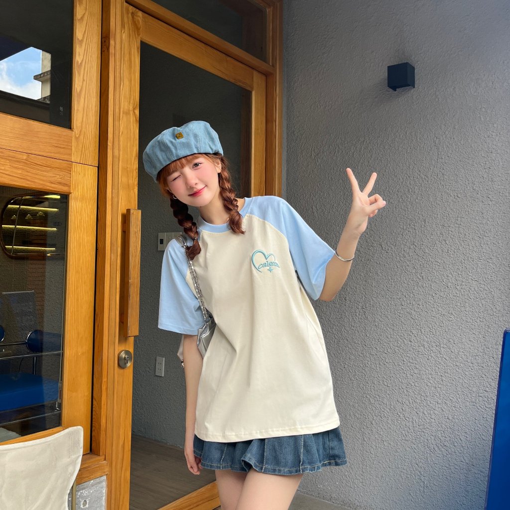 Áo thun tay raplan Thêu Tim cotton 230gsm thoáng mát Calem Club