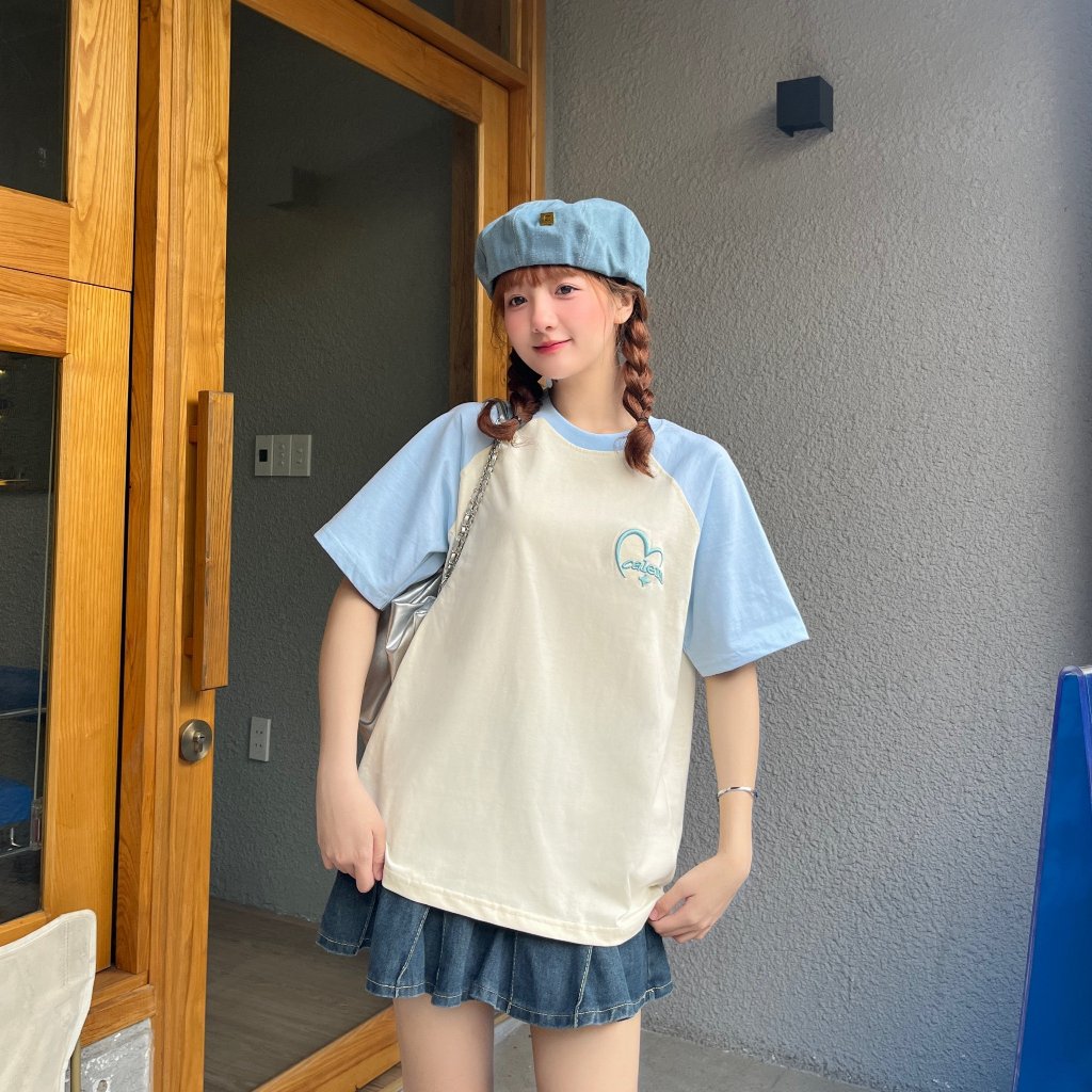 Áo thun tay raplan Thêu Tim cotton 230gsm thoáng mát Calem Club