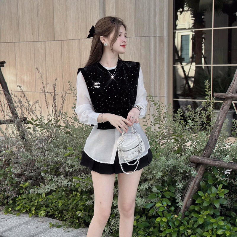 Sét 3 món sơ mi gile nhung đá kèm tag X về siêu xinh Chất cực đẹp