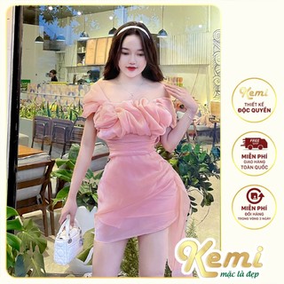 Váy đầm body nữ tà bay cách điệu tay bồng chất tơ xước cao cấp Kemi thiết kế mặc dự tiệc, ăn cưới, dạo phố
