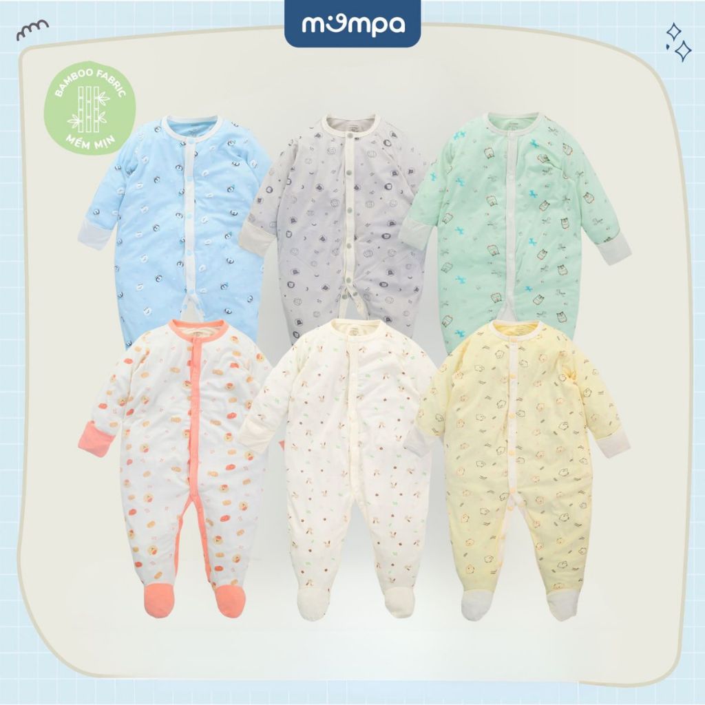 Bộ Bodysuit chùm chân liền thân Mompa 0-9 tháng vải sợi tre co giãn cúc giữa mềm mịn 311