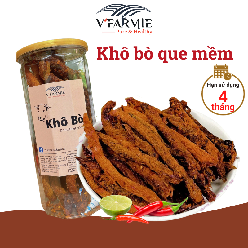 Khô bò que Hồng Ngự hảo hạng hũ 250g mềm ngon - bò khô ăn vặt VFarmie Sài Gòn