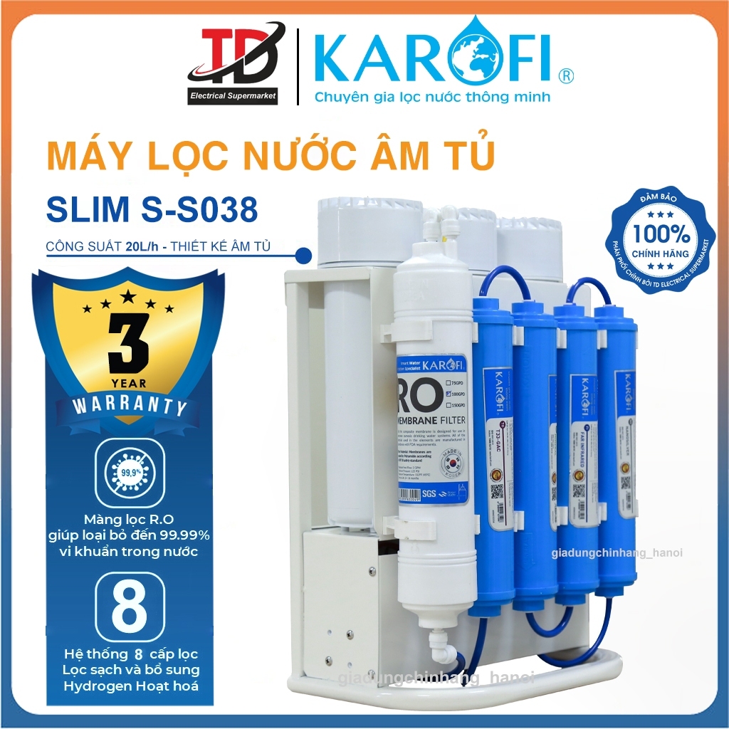 Máy Lọc Nước Karofi Slim S-S038, Màng RO 100GPD, 8 Lõi Lọc Để Gầm Nhỏ Gọn, Bảo Hành Chính Hãng 3 Năm