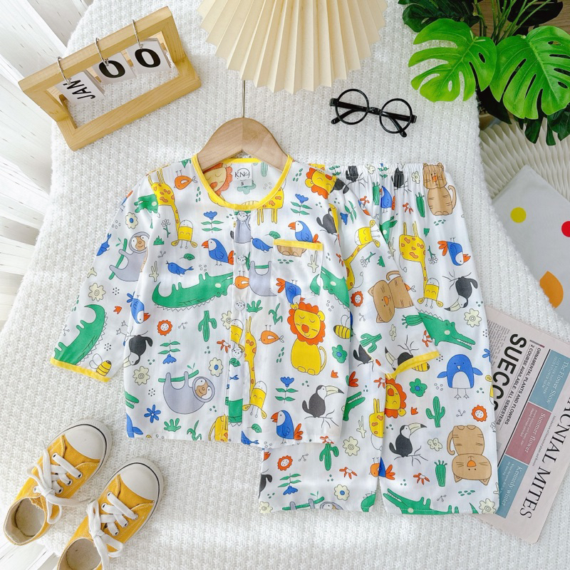 Bộ tole / lanh tay dài quần dài bé trai cài nút giữa