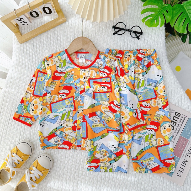 Bộ tole / lanh tay dài quần dài bé trai cài nút giữa 9-37kg