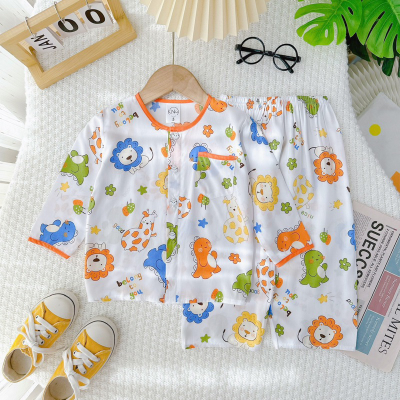 Bộ tole / lanh tay dài quần dài bé trai cài nút giữa 9-37kg