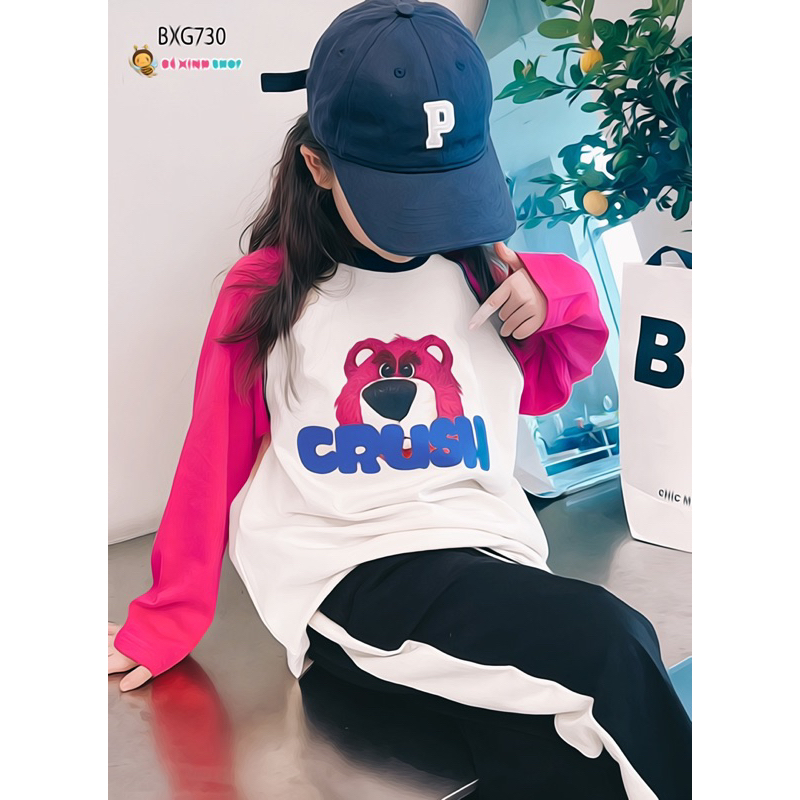 Bộ dài tay thu đông gấu Dâu quần ống suông dễ thương cho bé gái BXG730