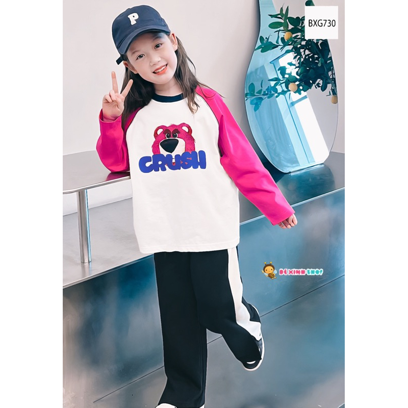 Bộ dài tay thu đông gấu Dâu quần ống suông dễ thương cho bé gái BXG730