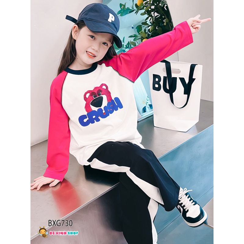 Bộ dài tay thu đông gấu Dâu quần ống suông dễ thương cho bé gái BXG730