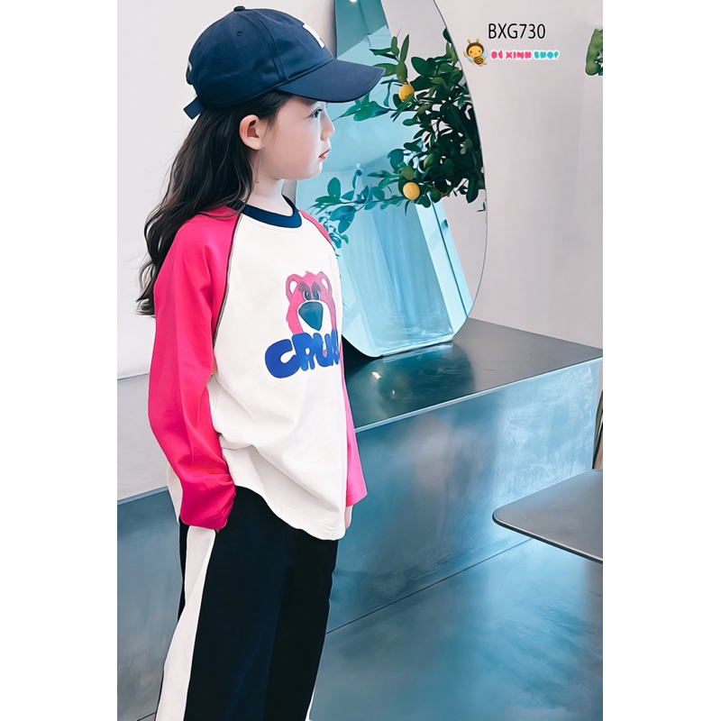 Bộ dài tay thu đông gấu Dâu quần ống suông dễ thương cho bé gái BXG730