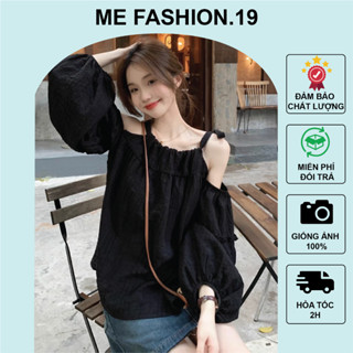 Áo trễ vai kiểu babydoll tay dài cổ yếm hở vai buộc dây chất liệu đũi gân phong cách Hàn Quốc - me fashion
