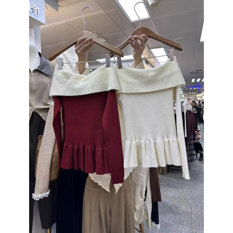 Áo len trễ vai nơ ngực tay dài bèo thân 3 màu 23September