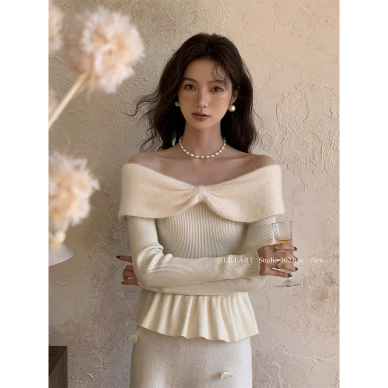 Áo len trễ vai nơ ngực tay dài bèo thân 3 màu 23September