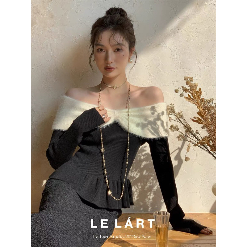 Áo len trễ vai nơ ngực tay dài bèo thân 3 màu 23September