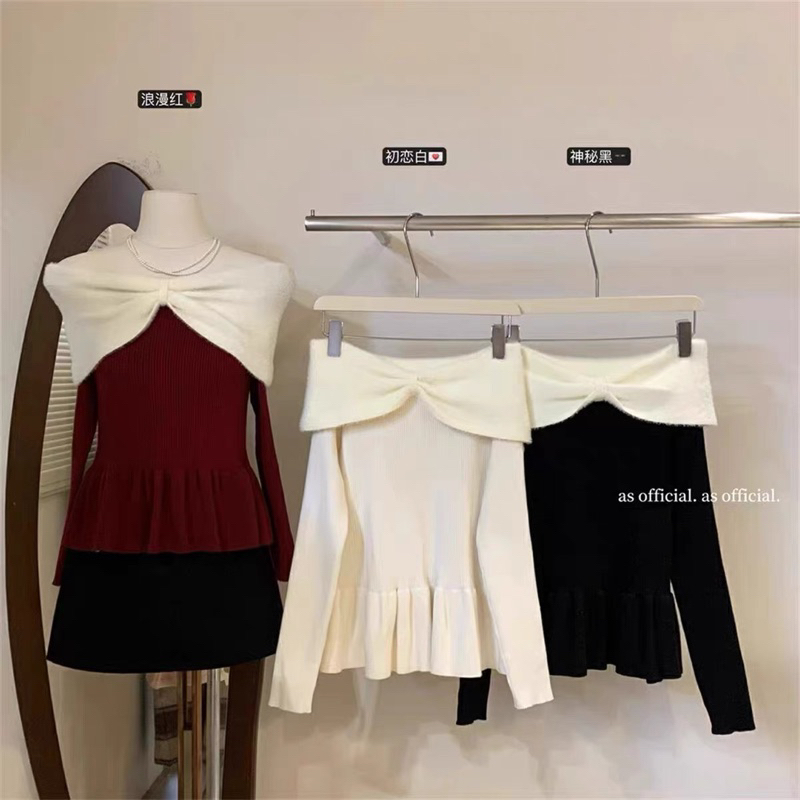 Áo len trễ vai nơ ngực tay dài bèo thân 3 màu 23September