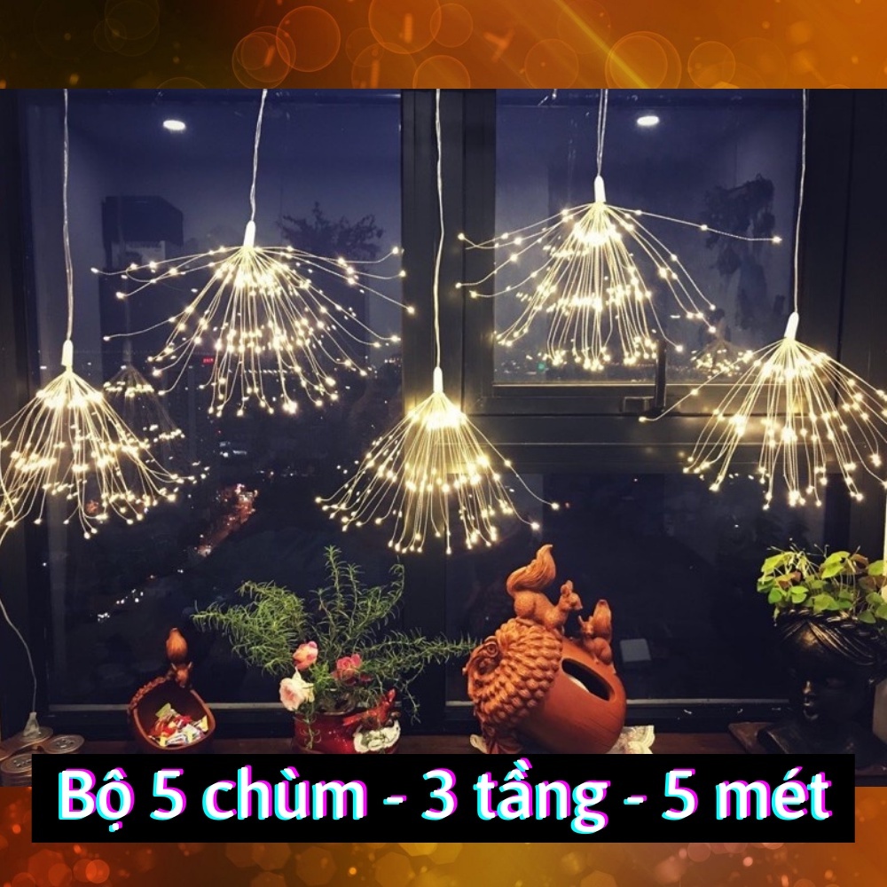 Dây đèn led pháo hoa trang trí chớp nháy 3 tầng x 5 chùm cắm điện 220V chống nước, Đèn led trang trí tết