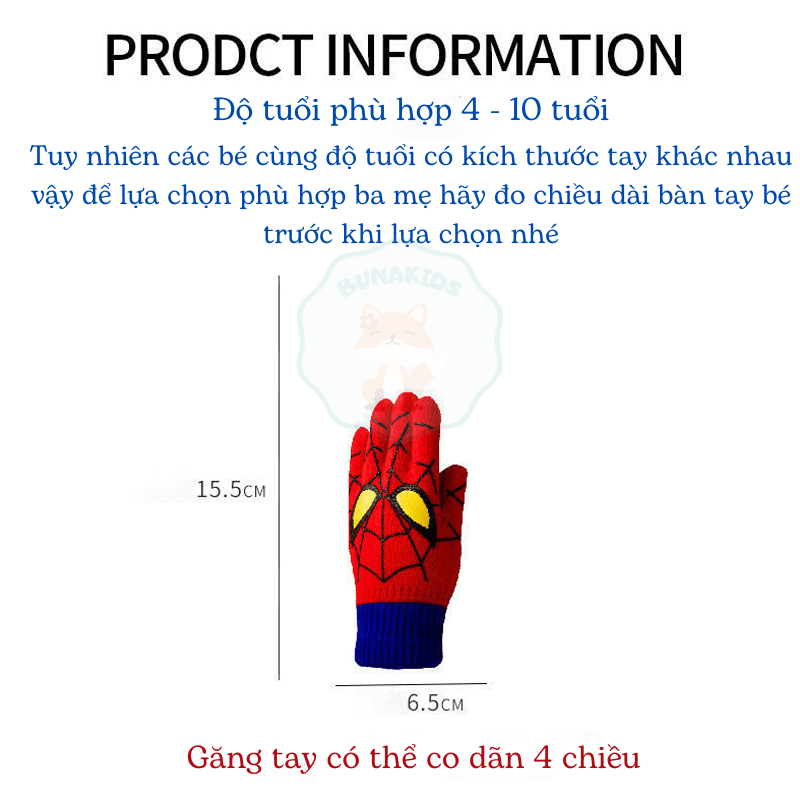 Gang tay len cho bé, găng tay siêu nhân người nhện , phù hợp cho bé từ 4-10 tuổi Buankids GT05