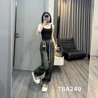 Quần jean ống suông MUS cạp cao gấp gấu có dây rút kiểu dáng rộng vải quảng châu phong cách hàn quốc cho nữ 249