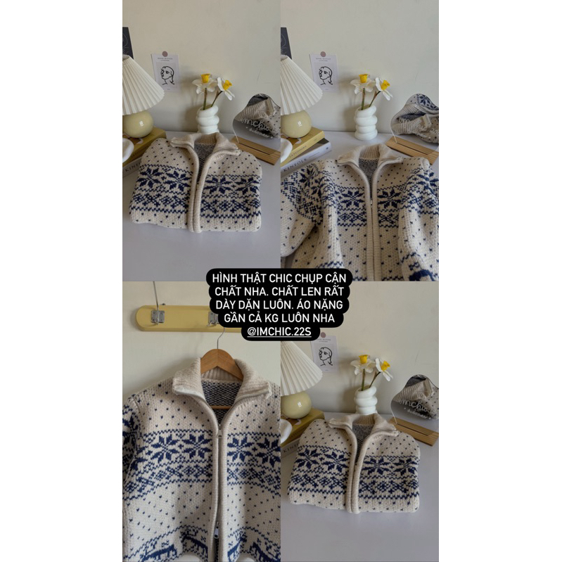 Áo Khoác Cardigan Len Dệt Kim Cổ Đứng Loại 1 Nặng 0,8kg Phối Khóa Kéo Thêu Hình Hoa Tuyết Hàn Quố
