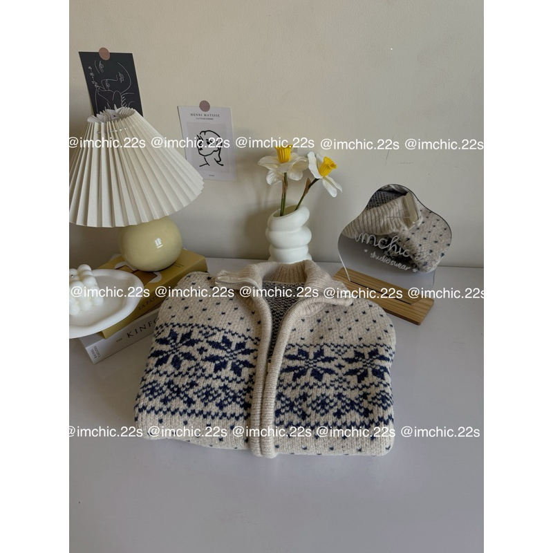 Áo Khoác Cardigan Len Dệt Kim Cổ Đứng Loại 1 Nặng 0,8kg Phối Khóa Kéo Thêu Hình Hoa Tuyết Hàn Quố