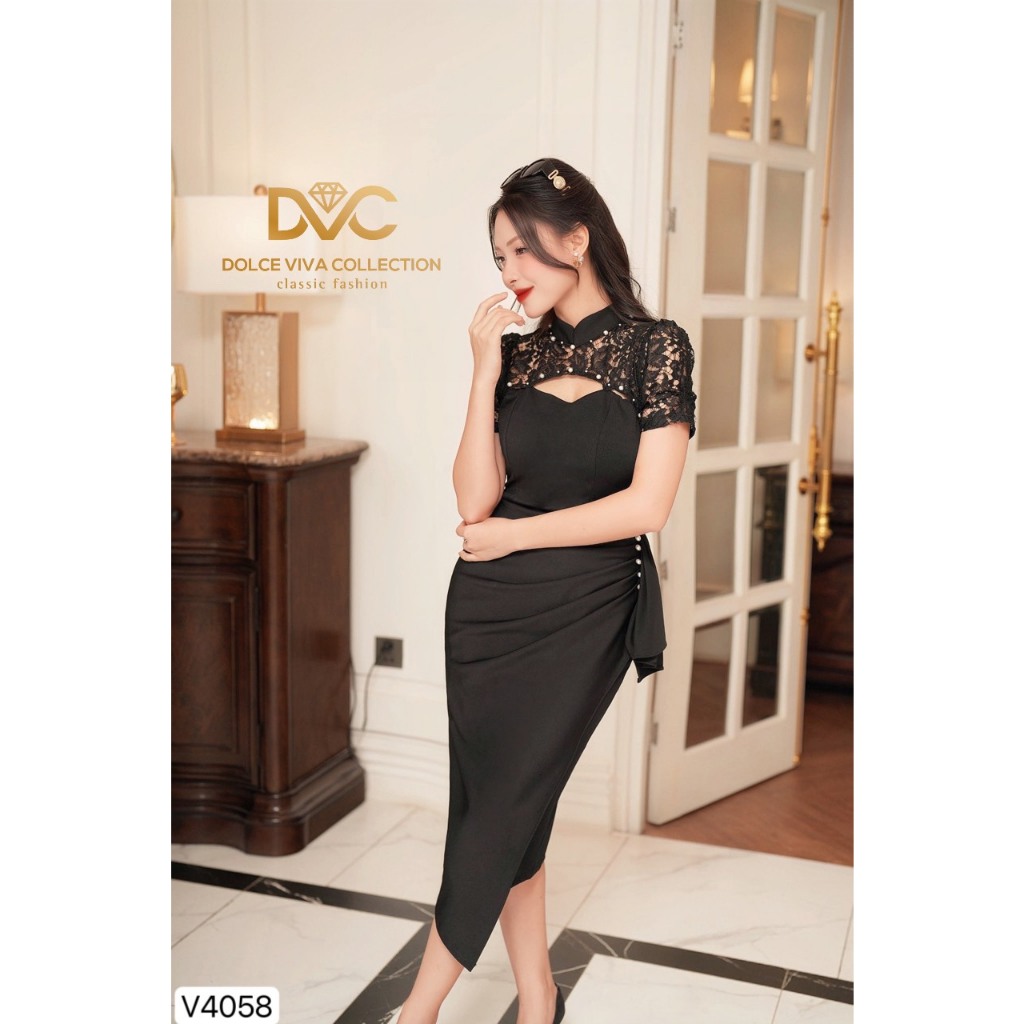 VÁY BODY NỮ THIẾT KẾ, VÁY ĐEN ÔM BODY PHỐI CỔ REN V4058 - DVC