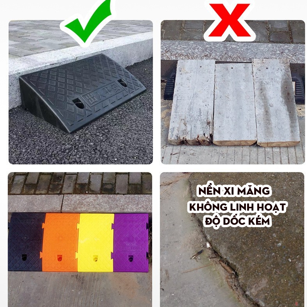 Dốc bục lên xuống xe máy, xe hơi bằng nhựa hình tam giác, Cầu dắt xe máy lên xuống bậc thềm chất liệu PVC bền bỉ
